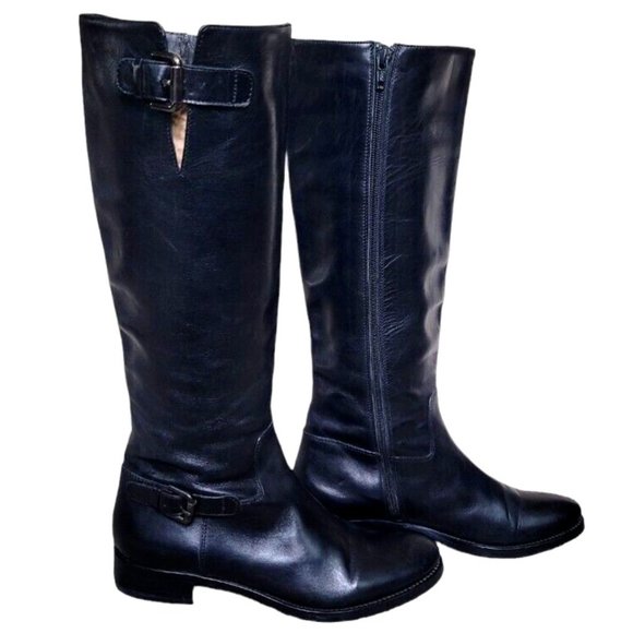 Italian Goth Black Leather Moto Riding Knee High Calf Boots Women's US 7.5 - Picture 1 of 9